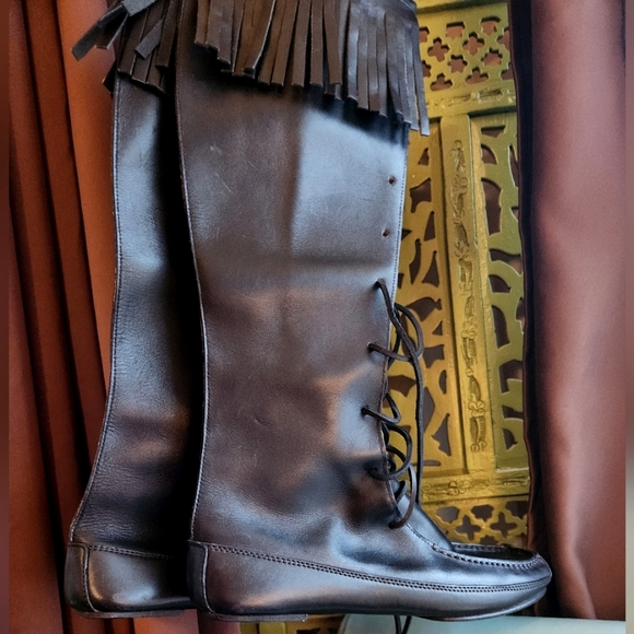 GUCCI Tom Ford RUNWAY '99 Black Lace Up Knee Fringe Leather Moccasin Boots 10m - Picture 13 of 16